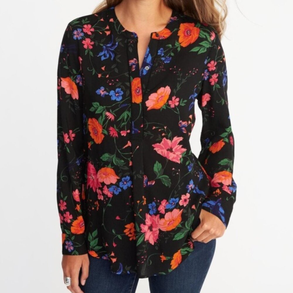 OLD NAVY Lightweight Popover Tunic the Tunic Shirt Black Floral Bird Long Sleeve